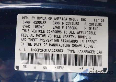 2010 Honda Accord 2.4 Lx из США, поврежденный, VIN 1HGCP2F34AA048863